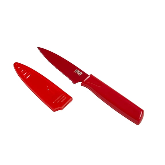 Kuhn Rikon Colori Non-Stick Serrated Paring Knife with Safety Sheath, 4 inch, Red