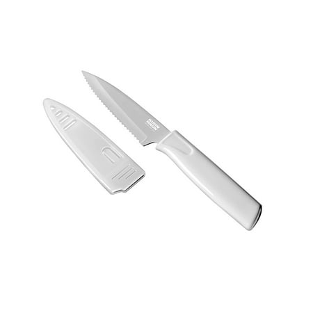 Kuhn Rikon Colori Non-Stick Serrated Paring Knife with Safety Sheath, 4 inch, White