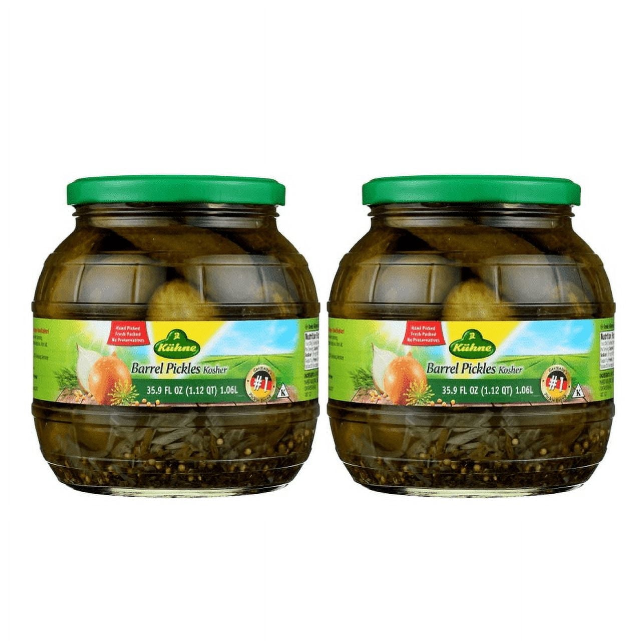 Kuhne Kosher Barrel Pickles, 35.9 fl oz, from Germany with dill, onions