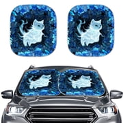 Kuiaobaty 2 Pcs Automotive Windshield Sunshades Keep Car Interior Cool Auto Front Window UV Protection Sun Shield Cover for Small Sedans Mini SUVs Vintage Blue Hibiscus Flower Persian Cat