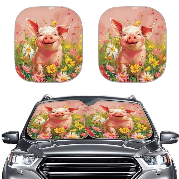 Kuiaobaty 2 Pieces Car Windshield Sun Shade Pig Flower Shrubs Pink Print Easy to Install Blocks UV Rays Sun Visor Mat Fit Most Small Sedans Mini SUVs Automotive Accessories