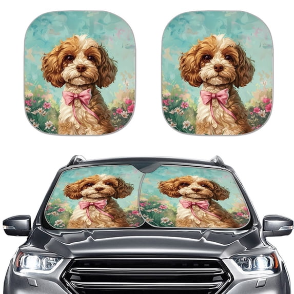 Kuiaobaty 2 Pieces Car Windshield Sun Shade Teddy Dog Flower Shrubs Pattern Foldable Blocks UV Ray Visor Protector Sunshade Automotive Accessories for Cars Sedans Trucks SUVs