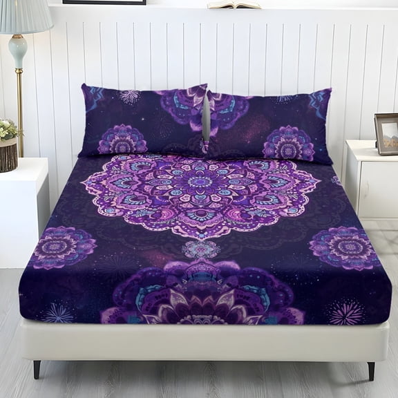 Kuiaobaty 3 Pcs Sheet Set Deep Pocket Fitted Sheet and Pillowcase Set Breathable Stretchable Bed Sheets Set Twin Size, Boho Mandala Print