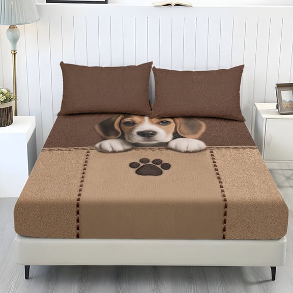 Kuiaobaty 3 Pieces Bed Sheets Set Soft Breathable Fitted Sheet with Pillowcases All Season Bedsheet for Twin Size Bed Beagle Paw Print
