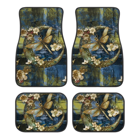 Kuiaobaty 4 PCS Car Carpet Mats Front Rear Liners Carpet Full Set Retro Flower Dragonfly Pattern Washable Automotive Carpet Interior Decortaive Universal Fit Sedan Van Car Truck
