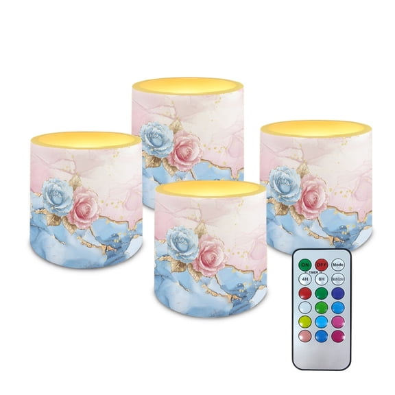 Kuiaobaty 4 PCS Flameless LED Candle with 4H 8H Timer Remote Marble Texture Pink Blue Electric Pillar Candle with Color Changing Control for Room Fall Wedding Christmas Decor