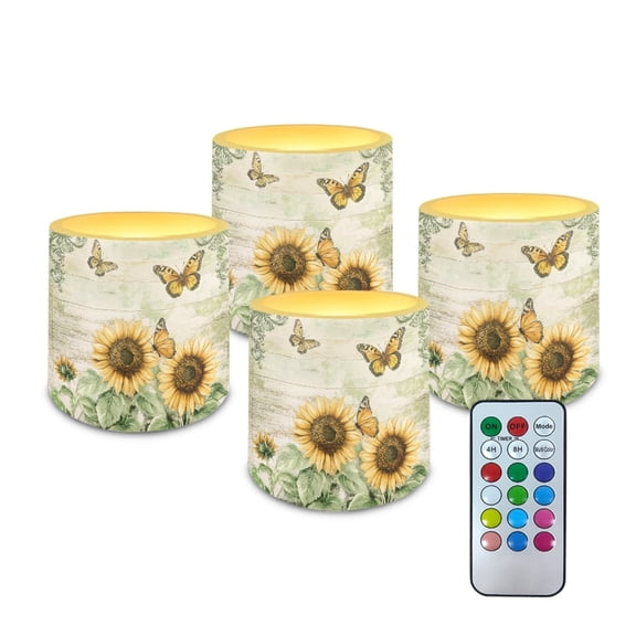 Kuiaobaty 4 PCS Flameless LED Candle with 4H 8H Timer Remote Retro Butterfly Sunflower Electric Pillar Candle with Color Changing Control for Room Fall Wedding Christmas Decor