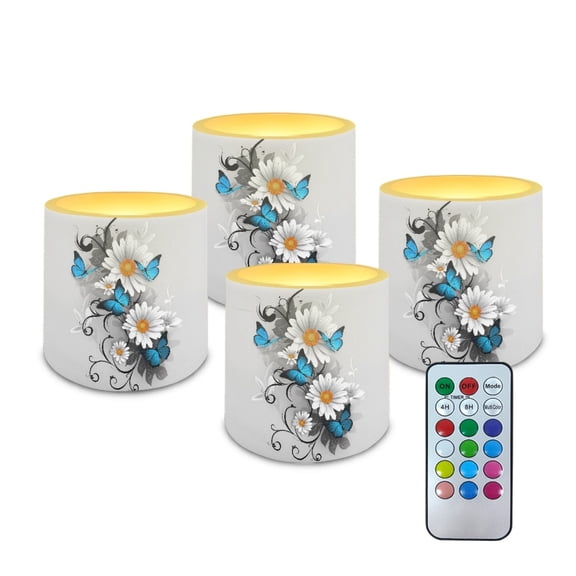 Kuiaobaty 4 Packs Flickering Flameless LED Battery Candles Daisy Flower Butterfly Pattern Waterproof Pillar Fake Candles with Colored Light Remote for Wedding Beach Party Decor