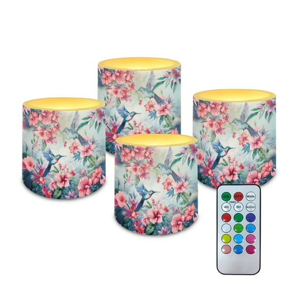 Kuiaobaty 4 Packs Flickering Flameless LED Battery Candles Hummingbird Hibiscus Flower Pattern Waterproof Pillar Fake Candles with Colored Light Remote for Wedding Beach Party Decor