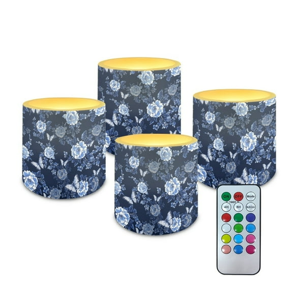 Kuiaobaty 4 Packs Flickering Flameless LED Battery Candles Waterproof Pillar Fake Candles with Colored Light Remote for Wedding Beach Party Decor Rose Butterfly Blue Leaf Pattern