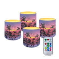 Kuiaobaty 4 Packs Flickering Flameless LED Battery Candles Waterproof Pillar Fake Candles with Colored Light Remote for Wedding Beach Party Decor Sunset Glow Beach Palm Coconut Tree