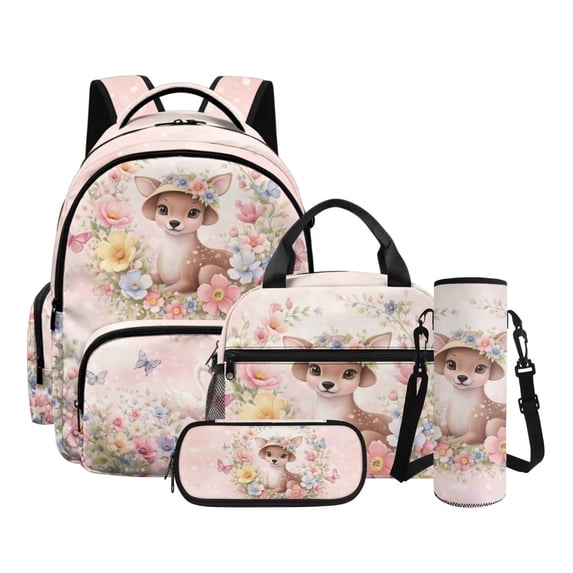 Kuiaobaty 4 Pcs Backpack and Lunch Box Set for Girls Multi Pockets Daypack with Water Bottle Holder Lightweight Backpack and Pencil Bags Set for School, Giraffe Flower Print