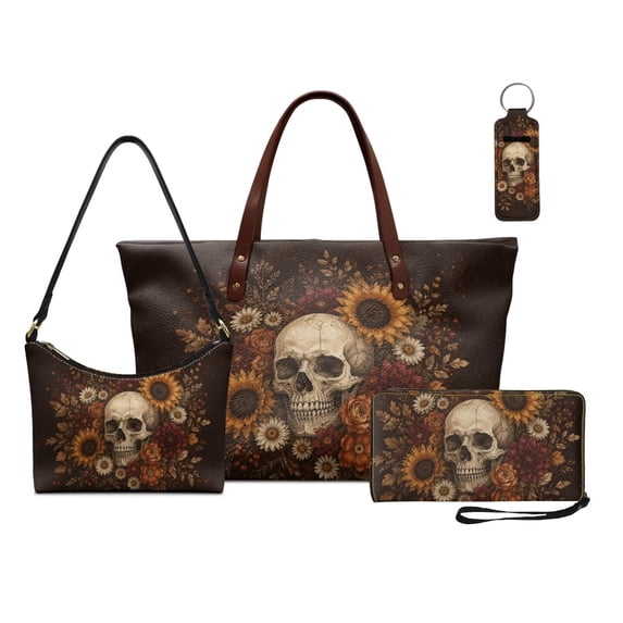 Kuiaobaty 4 Pcs Handbag and Wallet Set for Women Sunflower Skull Print Tote Purse Lipstick Case Leather Underarm Bag Clutch Purse for Travel, Brown