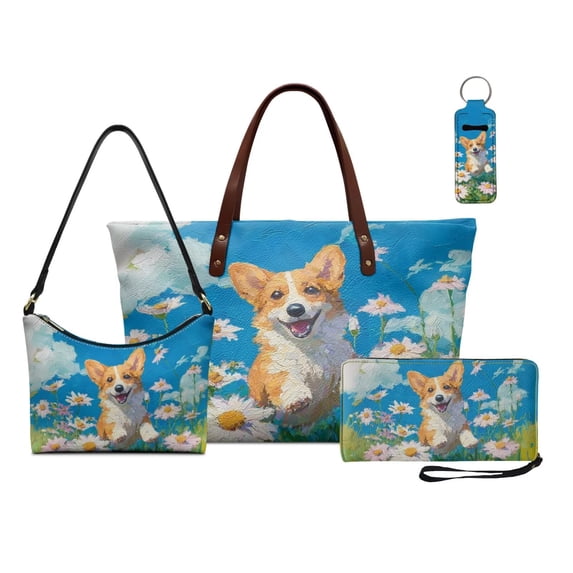 Kuiaobaty 4 Piece Tote Handbag and Wallet Set for Women Corgi Daisy Print Shoulder Purse Lipstick Holder Lightweight Tote Bag Wristlet Wallet for Travel, Blue