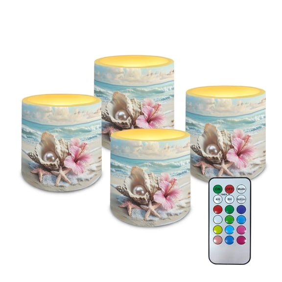Kuiaobaty 4 Pieces Flameless LED Lights Candles Battery Powered LED Candles with Remote for Valentine Party Wedding Birthday Party Outdoor Starfish Shell Pearl Beach Hibiscus Flower