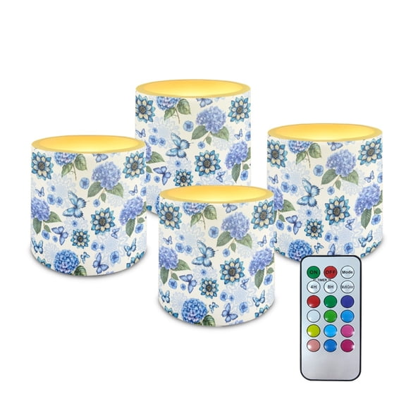 Kuiaobaty 4 Pieces Flickering Flameless LED Lights Candles Battery Powered LED Candles for Valentine Party Wedding Birthday Party Outdoor with Remote Hydrangea Flower Butterfly Blue
