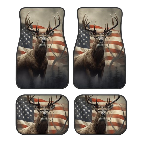 Kuiaobaty American Flag Deer Elk Pattern Car Front Rear Carpet Mats 4 Piece Auto Interior Floor Mats Car Carpets Full Set Interior Accessories Universal Fit Sedan Van Car Truck