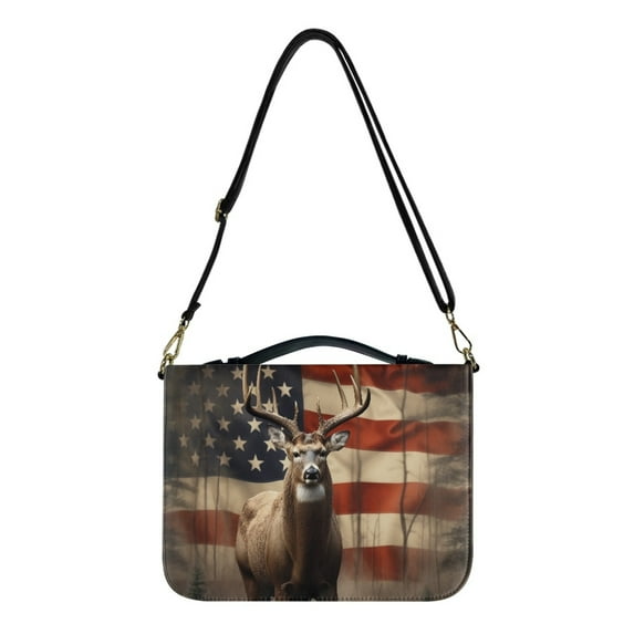 Kuiaobaty American Flag Deer Print Bible Cover for Women Men PU Leather Bible Case Bible Bag Tote Book Carrying Case Christian Bible Accessories with Handle and Adjustable Shoulder Strap, L