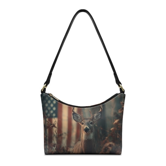 Kuiaobaty American Flag Deer Print Shoulder Bag for Women, Camo Hunting Vegan Leather Hobo Purse Tote Bag, Lightweight Sturdy Underarm Sling Bag with Smooth Zipper for Travel & Shopping