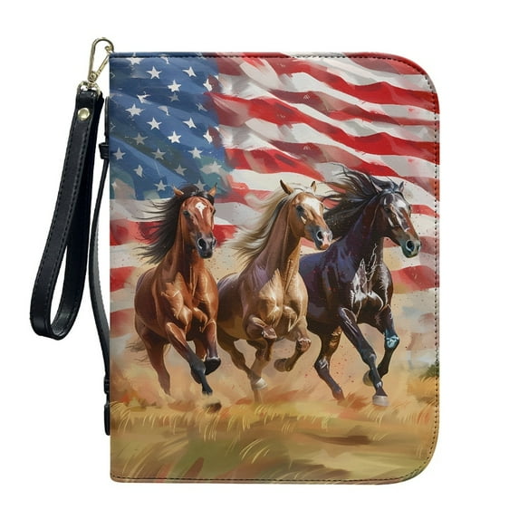 Kuiaobaty American Flag Horse Print Bible Cover for Women Men PU Leather Bible Case Book Carrying Bag with Handle and Detachable Wrist Strap, Portable Bible Bag Scripture Organizer Pen Holder, L