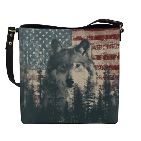 Kuiaobaty American Flag Print Crossbody Bag for Women, Wolf Print Leather Shoulder Purse with Adjustable Strap, Large Capacity Casual Bucket Tote Bag Crossbody for Travel & Shopping
