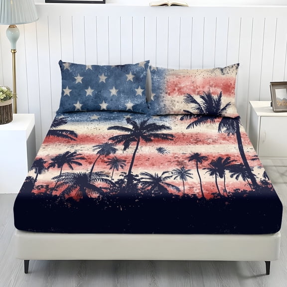 Kuiaobaty American Flag Print Fitted Sheet with 2 Pillowcase Sturdy Breathable Bed Sheet Set with Deep Pocket 4th of July Fitted Sheet Set Twin Size
