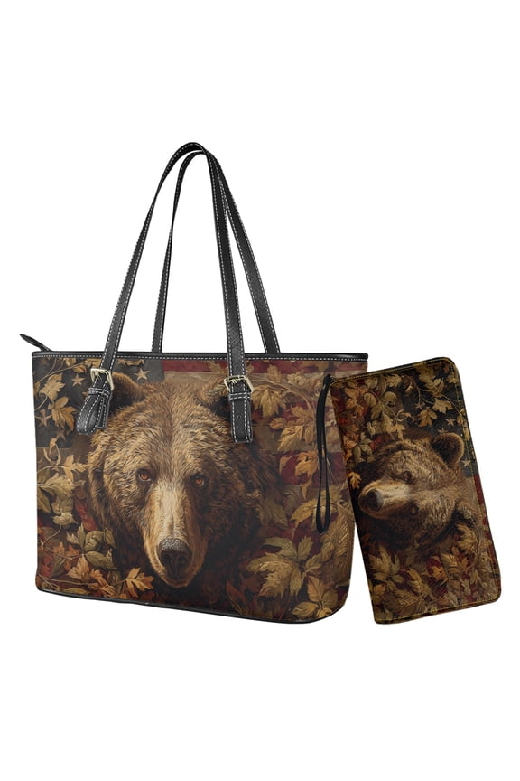 American Flag Print Tote Purse for Women, Bear Leaf Print Shoulder Handbag with Adjustable Strap, Lightweight Leather Satchel Purse with Wallet for Travel, Brown