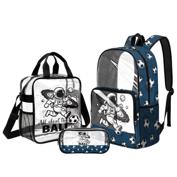 Kuiaobaty Astronaut Print Clear Backpack Set for Boys Soccer Ball Print Backpack and Lunch Bag Set with Cup Holder Lightweight Clear Bookbag and Pencil Case for School
