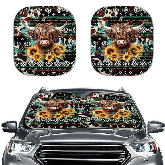 Kuiaobaty Auto Windshield Sun Shade Tribal Highland Cattle Cow Sunflower Pattern UV Rays Sun Visor Protector Covers Easy to Install 2 Pack Car Decoration for Trucks Sedans SUVs