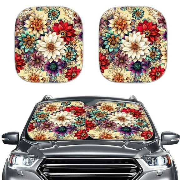 Kuiaobaty Automotive Windshield Sunshades Keep Car Interior Cool Auto Front Window UV Protection Sun Shield Cover 2 Pcs Colorful Boho Mandala Flower Pattern for Small Sedans Mini SUVs