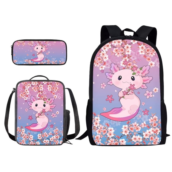Kuiaobaty Axolotl Cherry Blossom Print Backpack for Boys Girls, Preschool Elementary School Bag 3Pcs Backpack Set with Lunch Box Pencil Case, Lightweight Shoulder Bag Casual Daypack for Kids