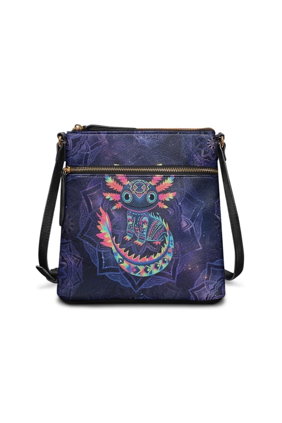Axolotl Print Crossbody Bag for Women Trendy, Mandala Flower Print Vegan Leather Hobo Handbag with Adjustable Strap, Ethnic Style Messenger Purse Crossbody for Travel