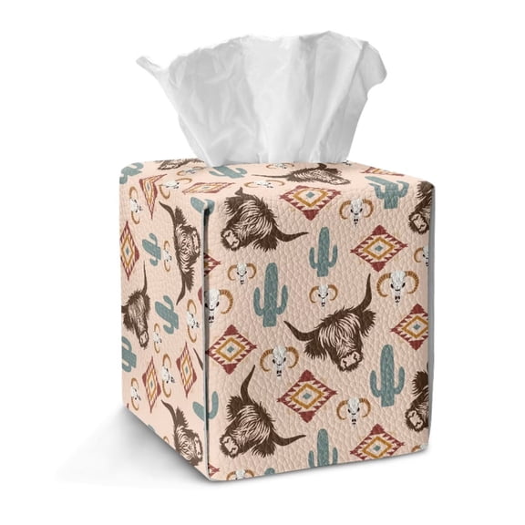 Kuiaobaty Aztec Cactus Print Tissue Box Cover Highland Cow Print Tissue Box Holder Napkin Holder Easy Refill Tissue Cover Facial Paper Storage Accessories for Bedroom Kitchen Office RV