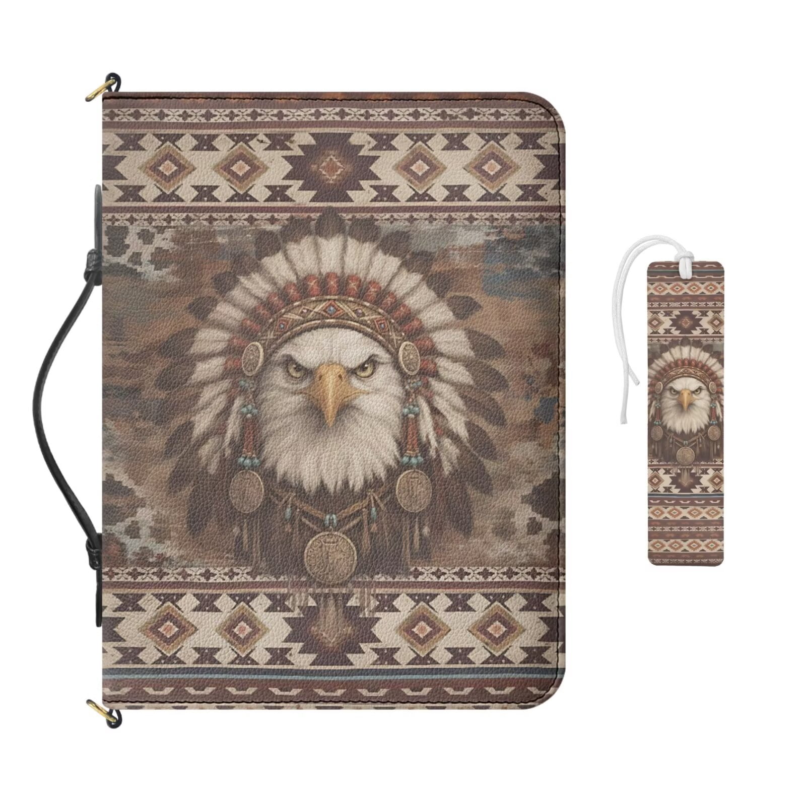 Kuiaobaty Aztec Eagle Print Bible Cover for Women Men Tribal Style Print Carrying Book Case with Leather Bookmark Multi-Pockets Church Bag Bible Protector for Christian Daily, Brown