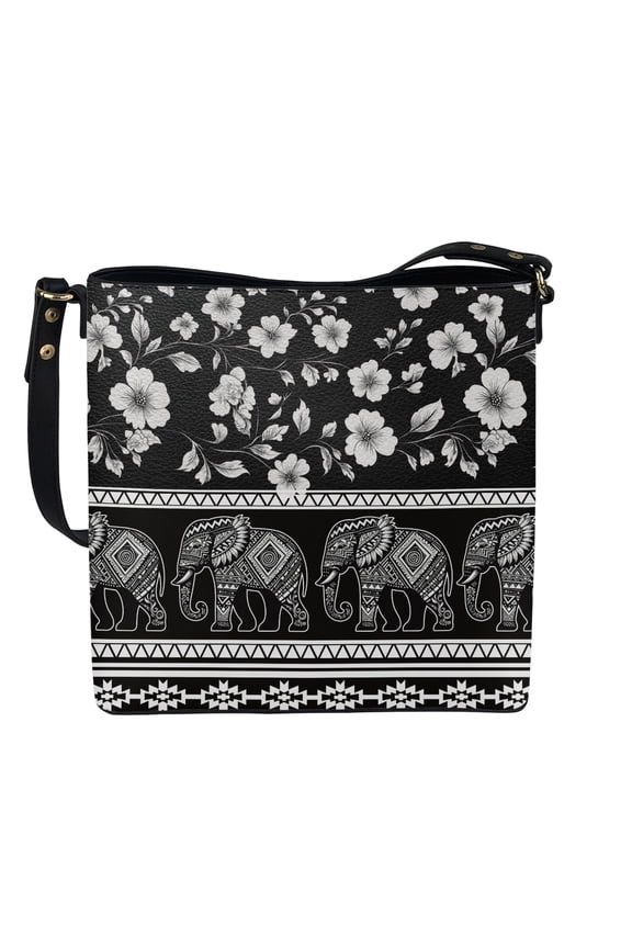 Aztec Elephant Print Bucket Crossbody Bag for Women, Flowers Print Leather Hobo Satchel Purse Crossbody with Adjustable Strap, Ethnic Style Shoulder Handbag for Travel, Black