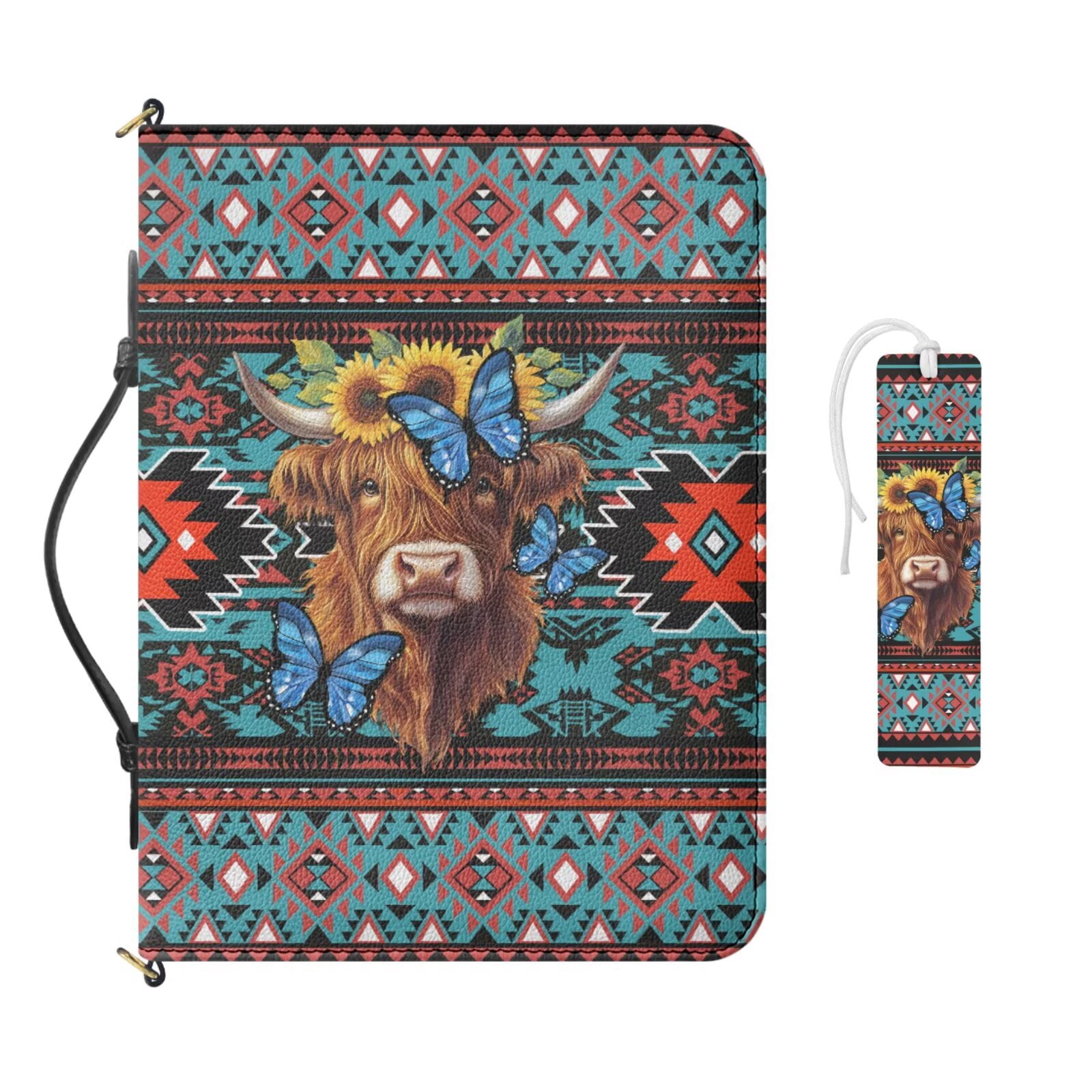 Kuiaobaty Aztec Highland Cow Sunflower Butterfly Print Bibles Carrying Bag with Bookmark Mens Bible Cover Scripture Case with Handle and Strap for Church, Blue