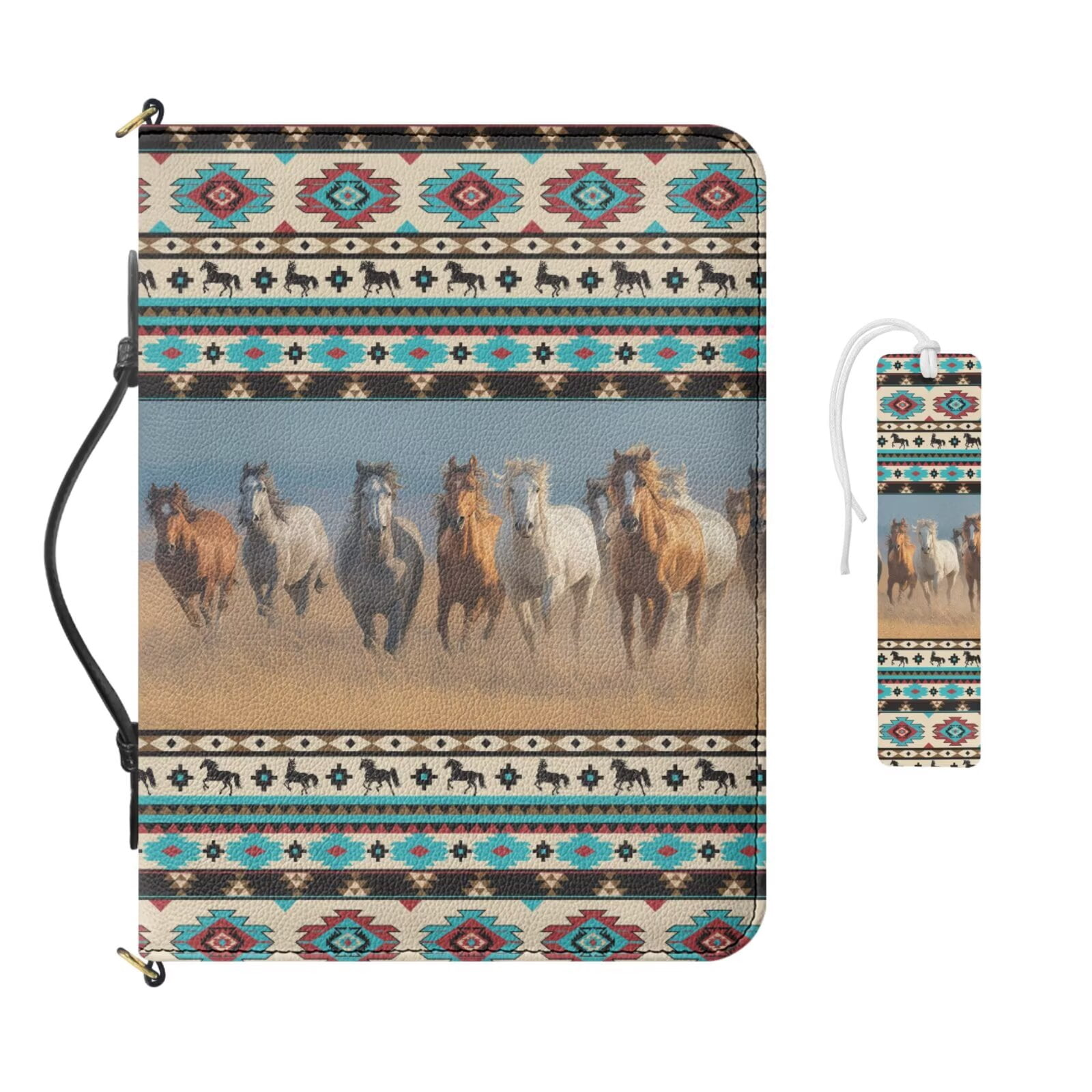 Kuiaobaty Aztec Horse Print Bible Case for Women Men Leather Bible Cover Church Bag with Bookmark Roomy Bibles Carrying Case with Handle and Strap for Christian Daily, Beige