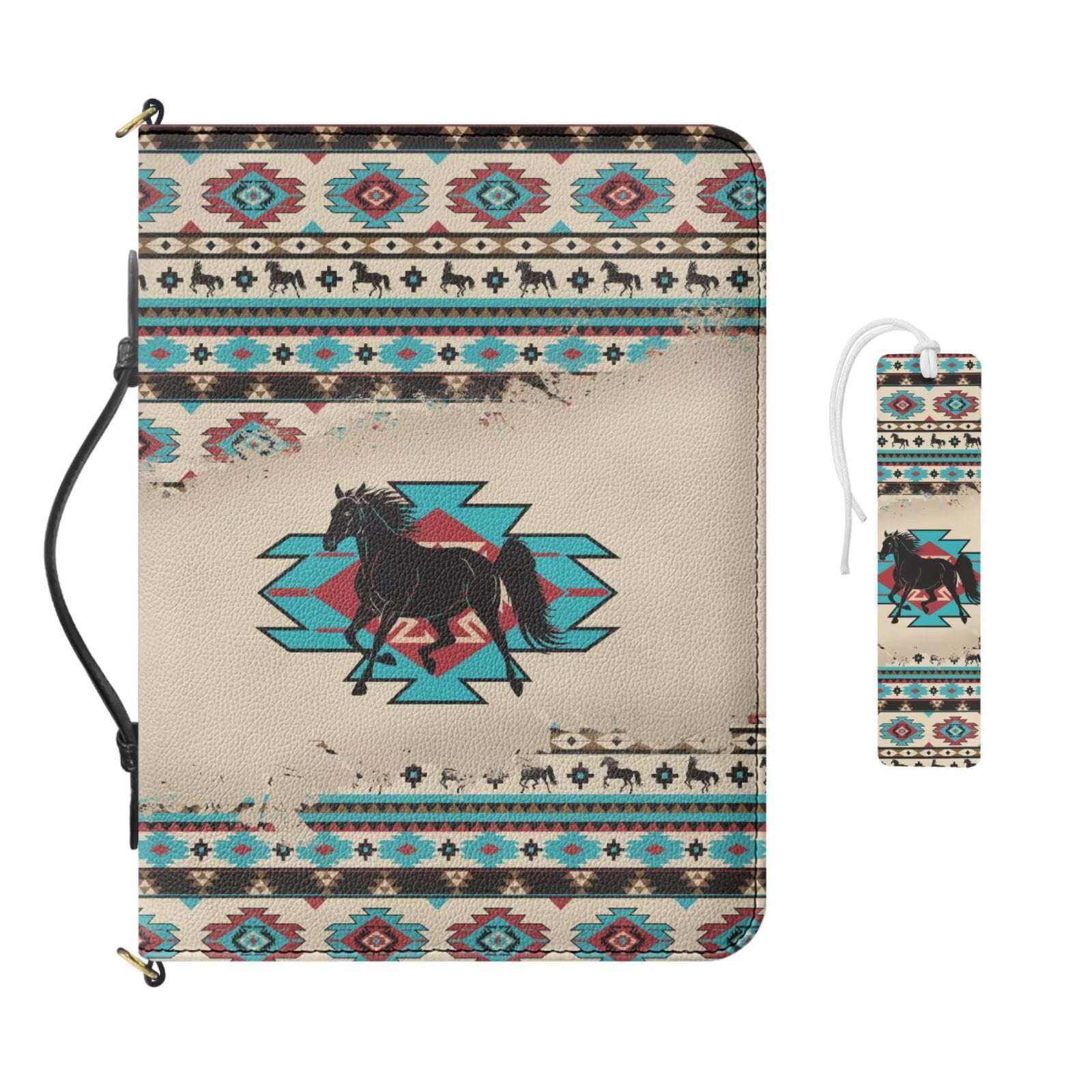 Kuiaobaty Aztec Horse Print Bible Cover for Women Sturdy Carrying Book Case with Bookmark Waterproof Leather Church Bible Protective with Handle and Strap for Church, Beige