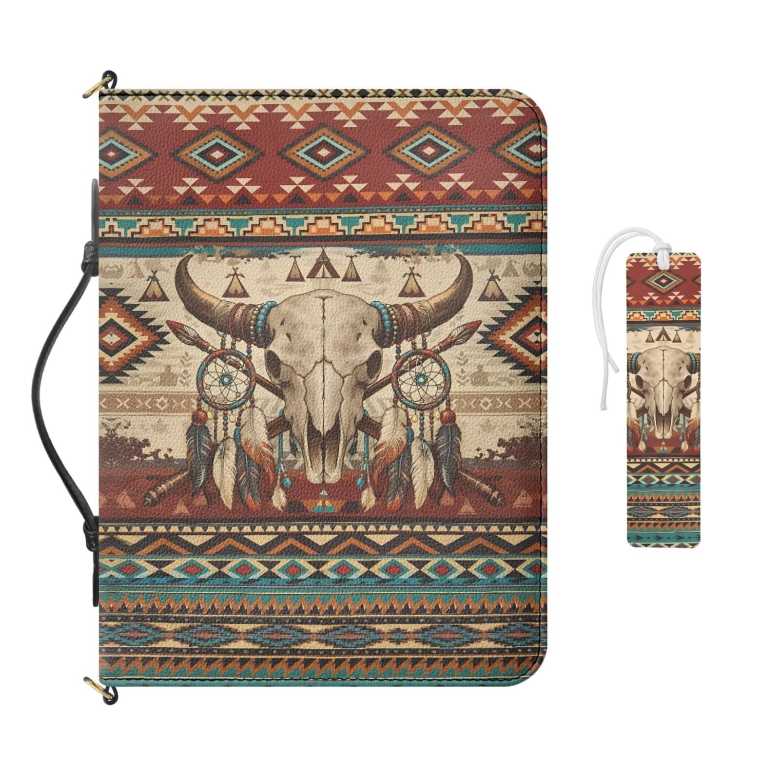 Kuiaobaty Aztec Skull Print Bible Case with Leather Bookmark Dream Catcher Print Bible Cover Case with Handle Zippered Carrying Book Bag Set for Women Men Church, Brown