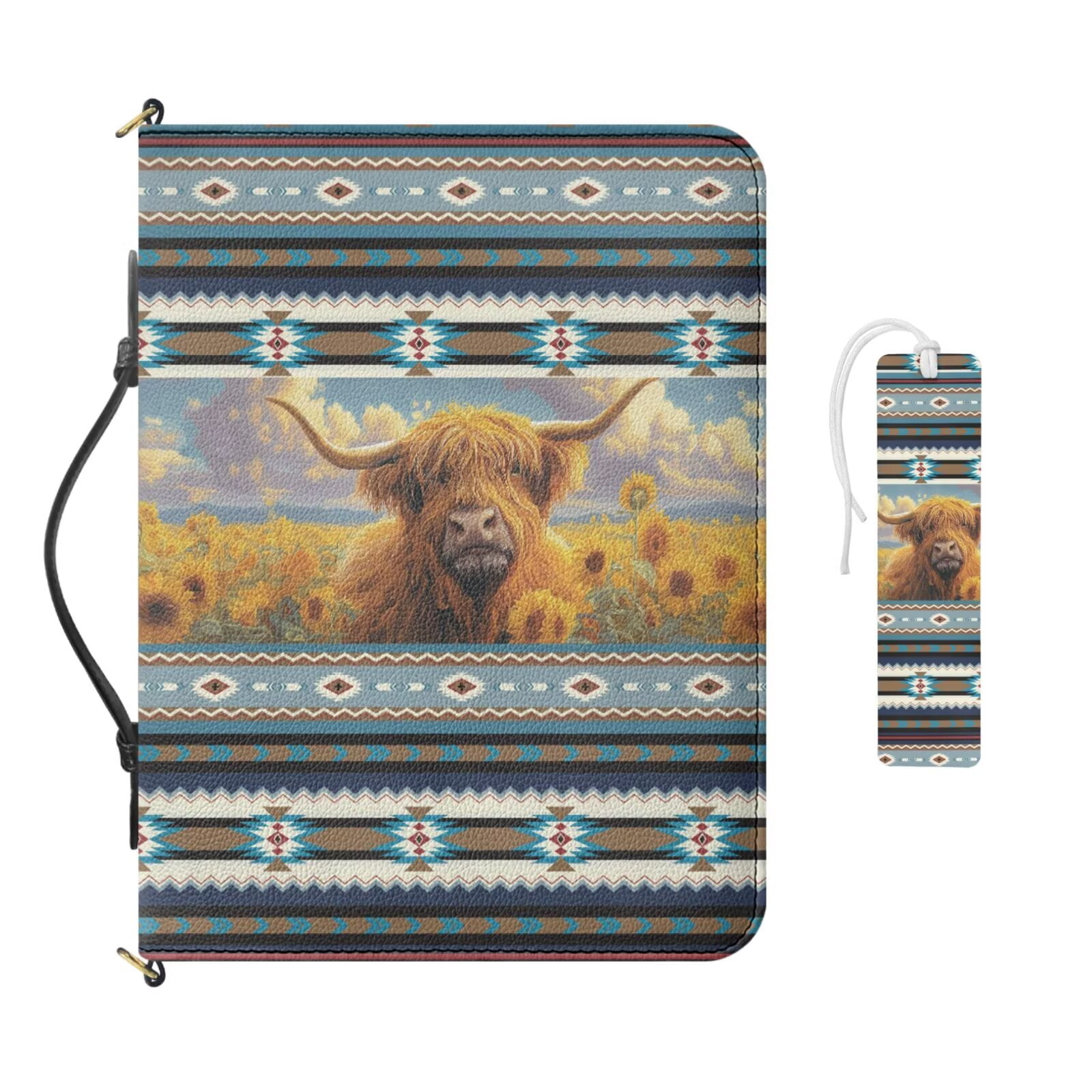 Kuiaobaty Aztec Sunflower Print Bible Cover Case for Women Lady Highland Cow Print Book Carrying Bag with Shoulder Strap Bible Study Supplies Accessories with Bookmark Gifts for Christian, Blue
