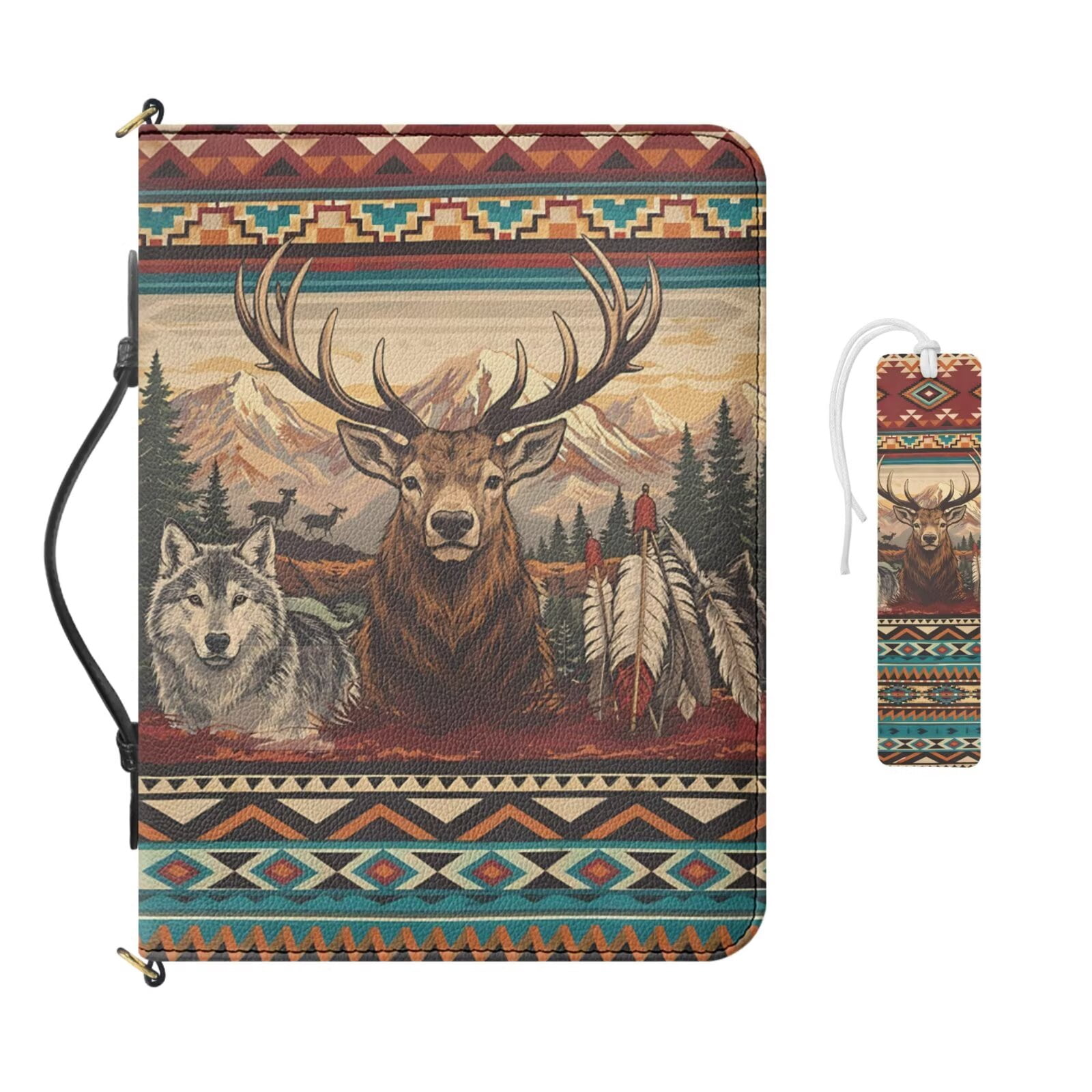 Kuiaobaty Aztec Wolf Print Bible Covers for Women Men Deer Tribal Style Print Carrying Book Case Church Bag with Handle and Strap Scripture Case with Bookmark for Church, Brown