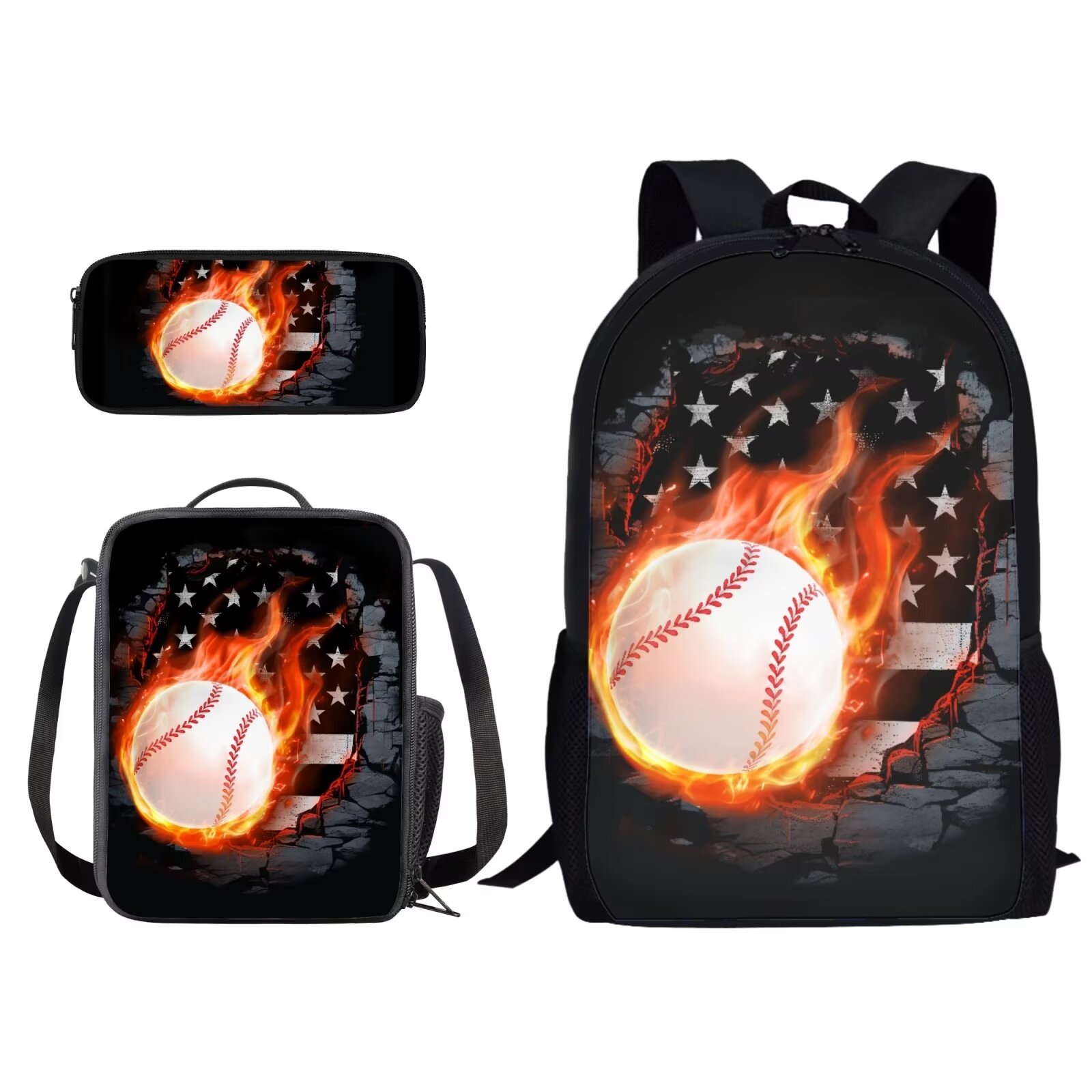 Kuiaobaty Baseball Fire Pattern Backpack Set for Boys Kids Lightweight