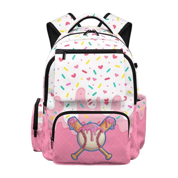 Kuiaobaty Baseball Print Backpack for Girls 8-12 Ice Cream Print Backpack with Padded Strap Multi Pockets School Bag Daypack for School, Pink