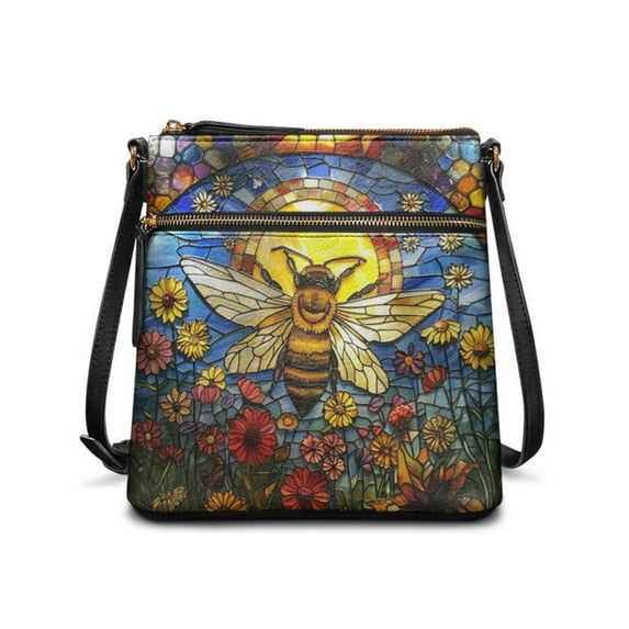 Kuiaobaty Bee Daisy Print Leather Crossbody bag for Women, Large Capacity Roomy Shoulder Handbag Crossbody, Waterproof Messenger Purse with Adjustable Strap for Travel & Shopping