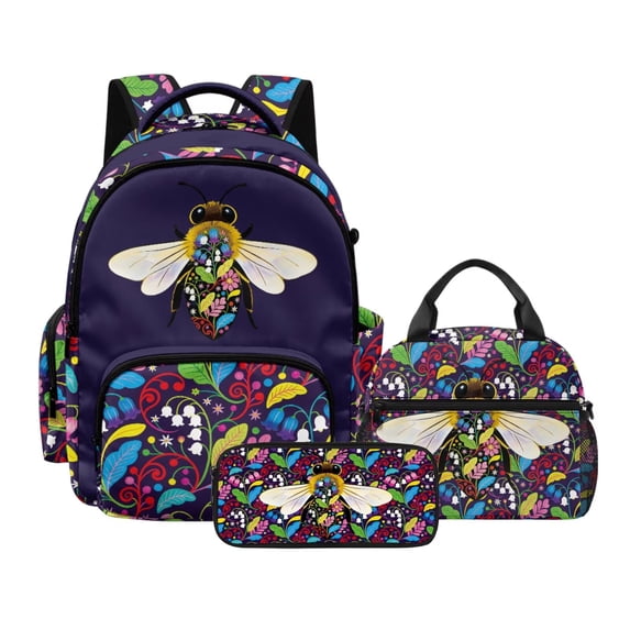 Kuiaobaty Bee Flower Print 3 Piece Backpack Set with Lunch Bag for Kids Insulated Lunch Box Pencil Case with Zipper Multi Pockets Backpack with Matching Pencil Pouch for School Travel