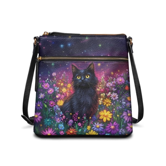 Kuiaobaty Black Cat Daisy Print Crossbody Bag for Women, Lightweight Sturdy Vegan Leather Shoulder Handbag Crossbody, Casual Portable Satchel Purse with Adjustable Strap for Travel
