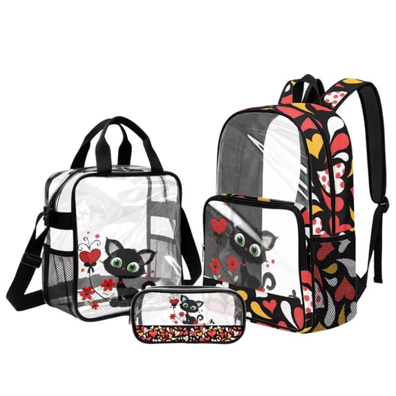 Kuiaobaty Black Cat Print Clear Backpack and Pencil Case Set for Girls Hearts Floral Print Backpack and Lunch Bag Set See Through PVC Bookbag with Pencil Case for School, Red