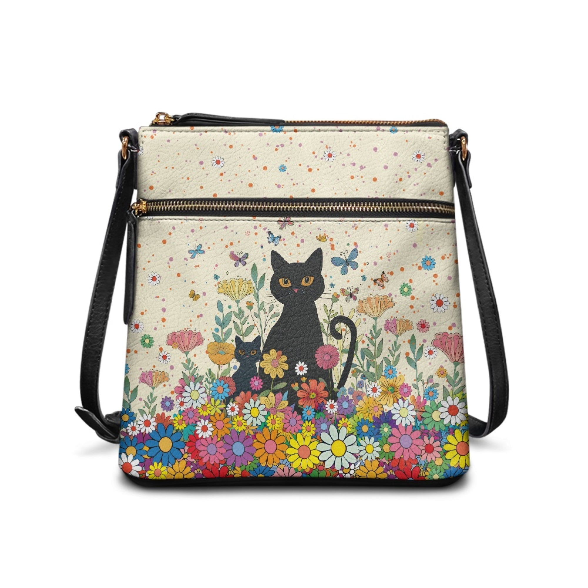Kuiaobaty Black Cat Print Crossbody Bag for Women, Daisy Butterfly Print Vegan Leather Messenger Purse with Adjustable Strap, Large Capacity Shoulder Handbag Crossbody for Travel