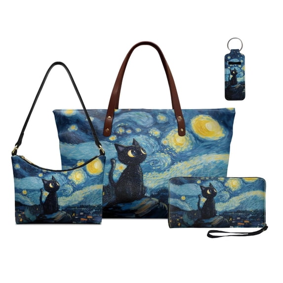 Kuiaobaty Black Cat Print Hobo Purse and Wallet Set for Womens Starry Night Print Tote Bag Lipstick Holder Lightweight Underarm Bag Clutch Purse for Travel, Blue