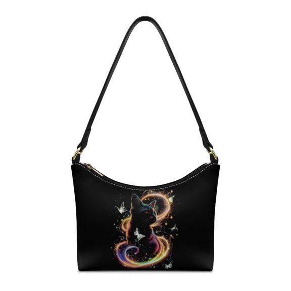 Kuiaobaty Black Cat Print Hobo Purse for Women Butterfly Print Leather Shoulder Purse with Zipper Closure Roomy Crescent Underarm Bag for Travel Black